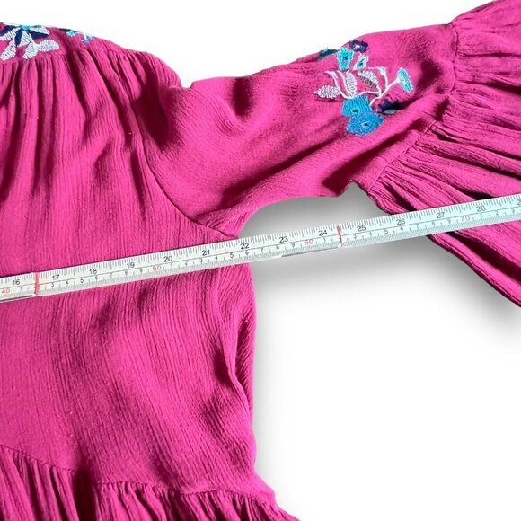 Free People Cherry Red Bell Long Sleeve Boho Embroidered Te Amo Mini Dress Sz S - Picture 12 of 13